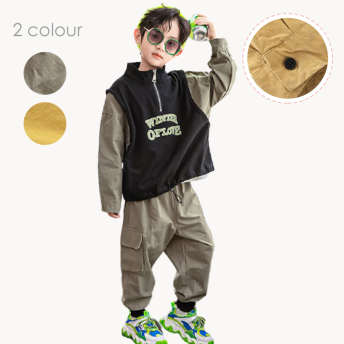 【90-140】韓国服 クール ファッション 配色 切り替え プリント パーカー カジュアルパンツ 男の子 2点セットアップ